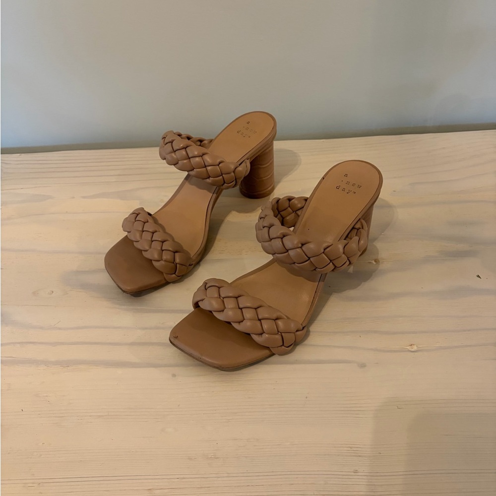 A New Day Tan Braided Strap Heels – Size 8 – Block Heel Sandals